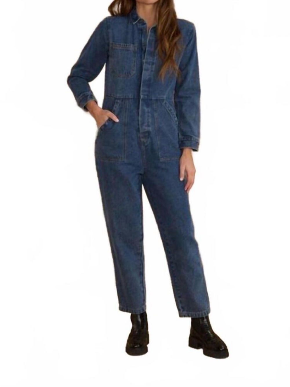 Rylee + Cru Long Sleeve Denim Coverall Utility Jumpsuit Indigo Blue